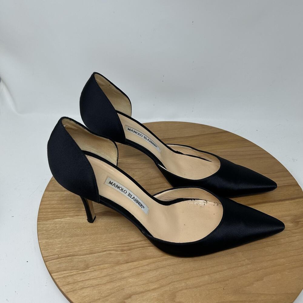 Manolo Blahnik Heels 11 Silk Pointed Toe Heels Black Office Business Italy Chic